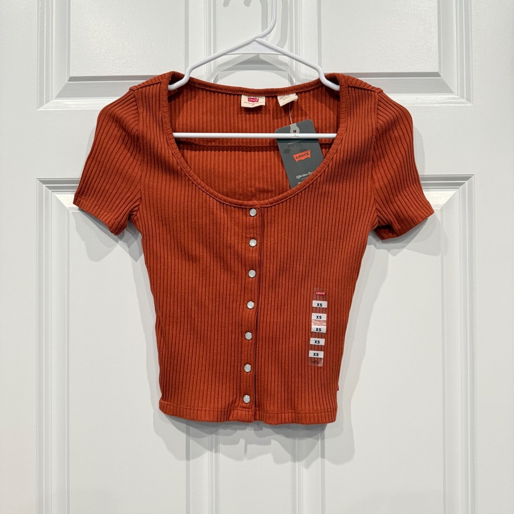 Levis‎ Womens Ribbed Knit Button Front Crop Top Burnt Orange Size XS New